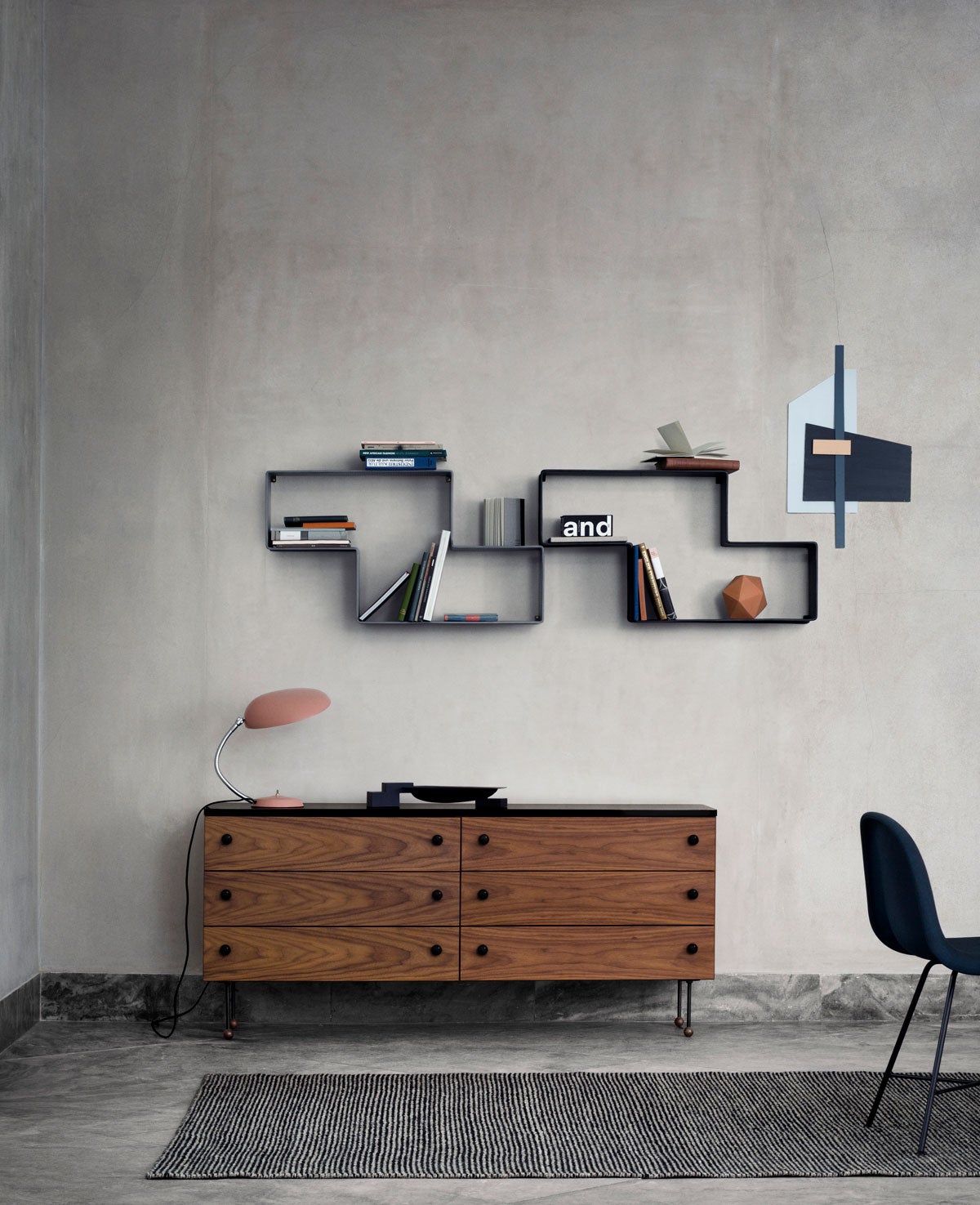 62Dresser_CobraTableLamp_DedalShelf_3DDiningChairFullyUpholsteredCenterBaseHirekShell
